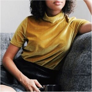 Madewell Mock neck mustard short sleeve velour velvet retro box soft shirt